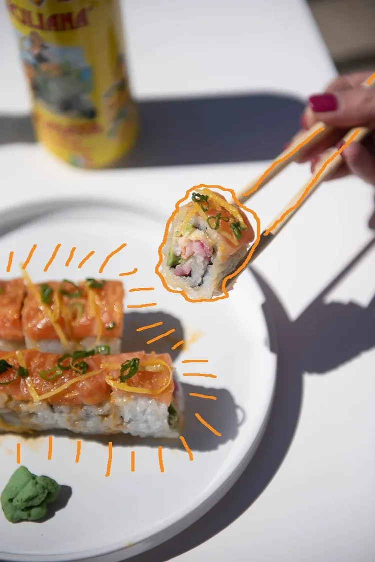 Fresh salmon sushi rolls made to order at Pizzeria Maki, Wilmington DE